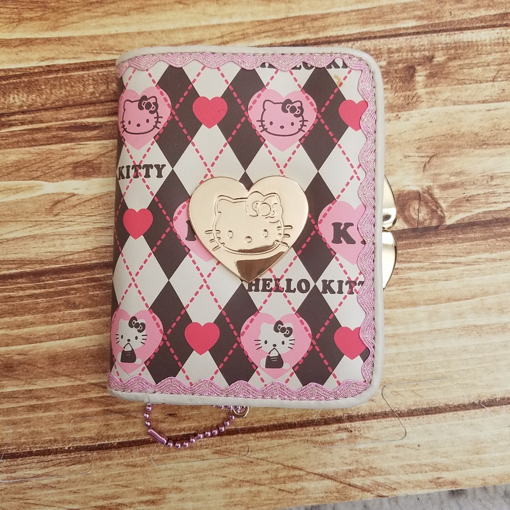 Vintage Hello Kitty Pink & Brown Argyle Bifold Wallet Kawaii Sanrio Y2K
